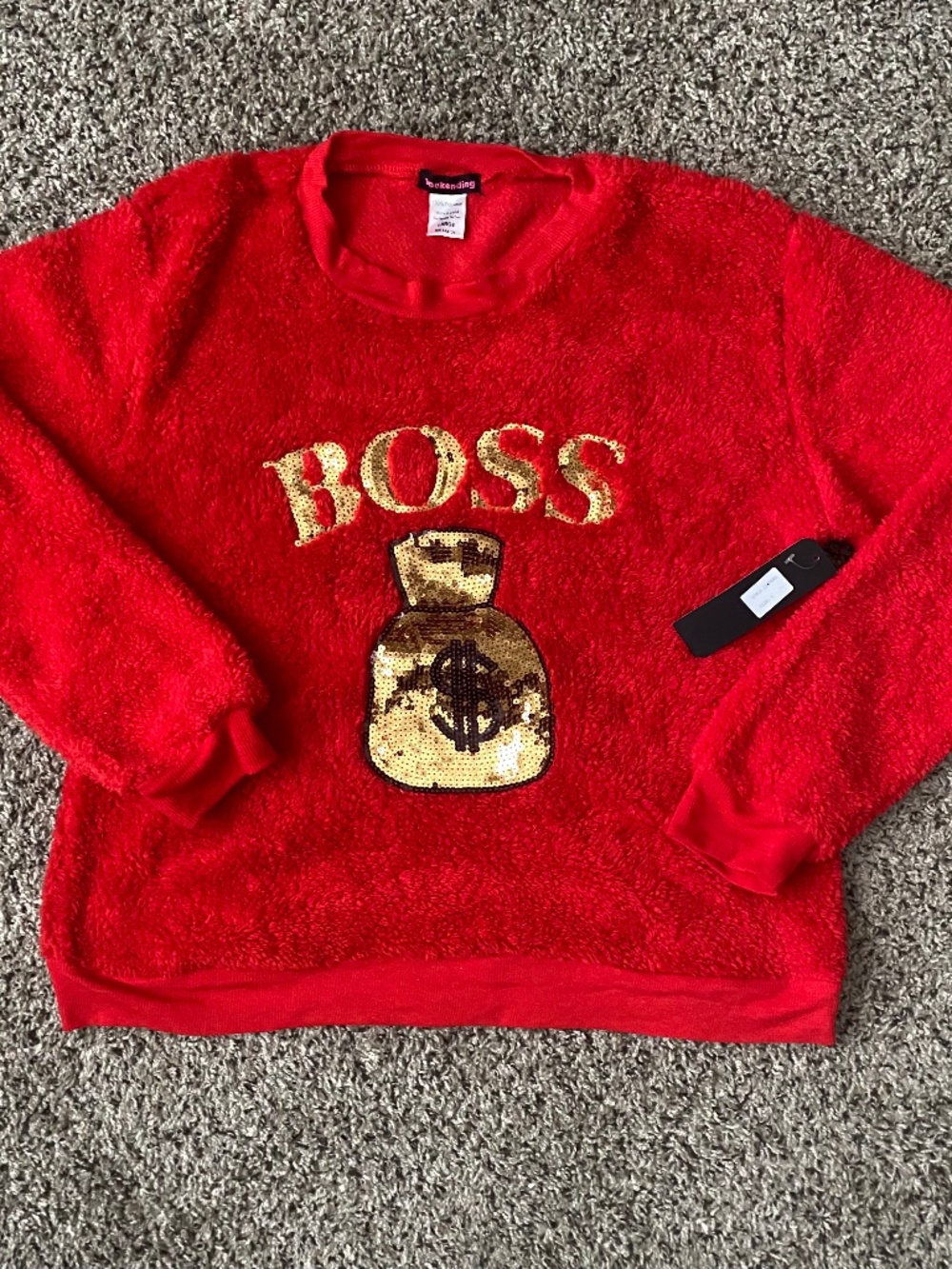 Weekending Good Money Boss Red Fuzzy Sequin Sweatshirt Women's Large NWT